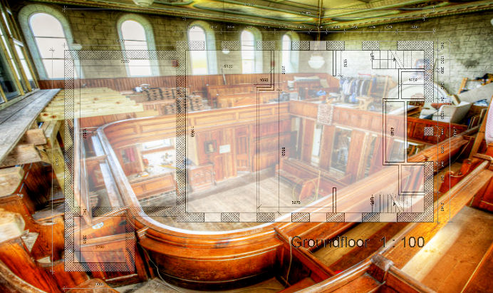 HDR image of the chapel space early in the development of the project. The upper decks have not been build at pews can be seen.